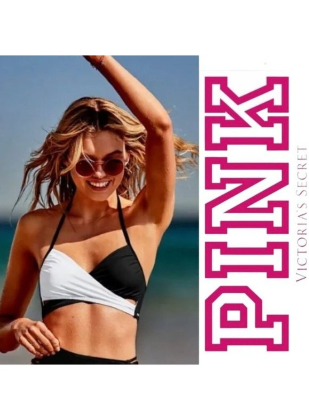 Victoria's Secret PINK | Black & White Wrap Bikini Top | Size Large